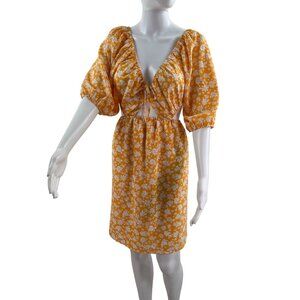 Pink Lily Womens 3XL Yellow Floral Puff Sleeve Cutout Dress Stretchy Resort Wear